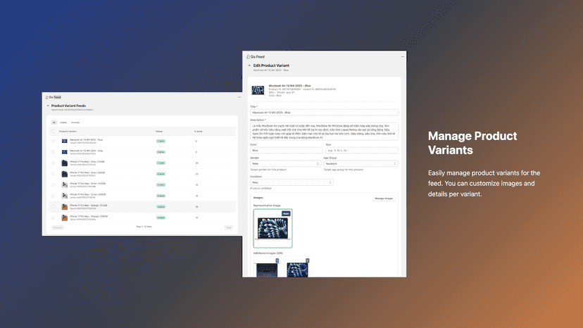 Manage and edit product variants for market feeds easily