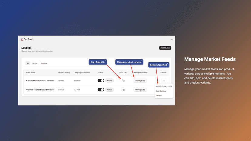 Manage market, product variants and feed XML with Go Feed app