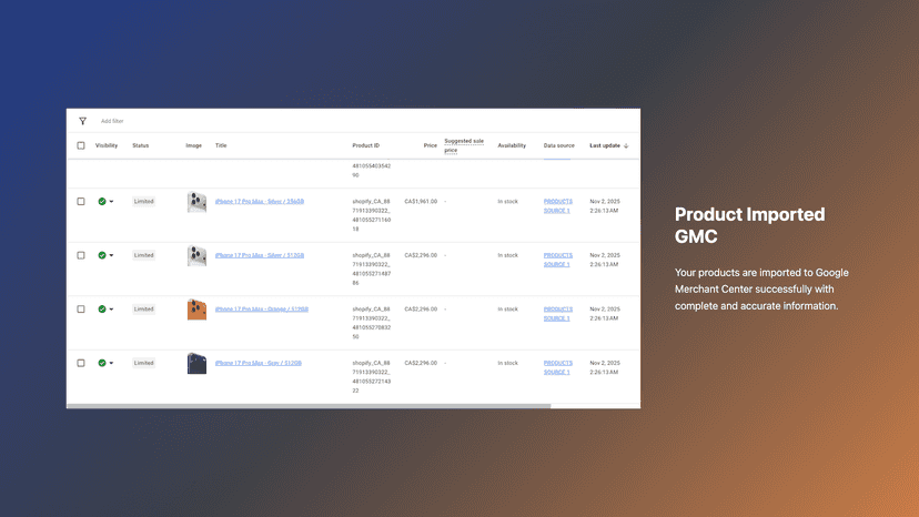 Products successfully imported to Google Merchant Center
