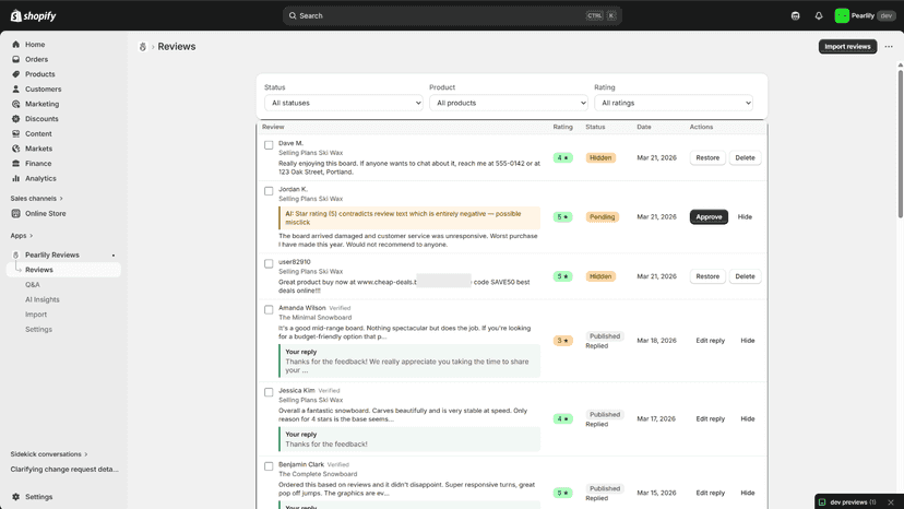 Review queue with AI moderation and one-click actions