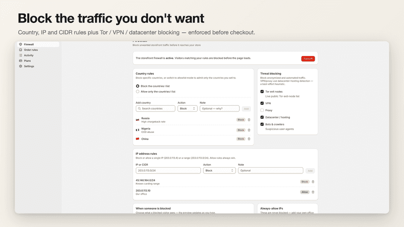 Firewall: country and IP rules, threat toggles, block page