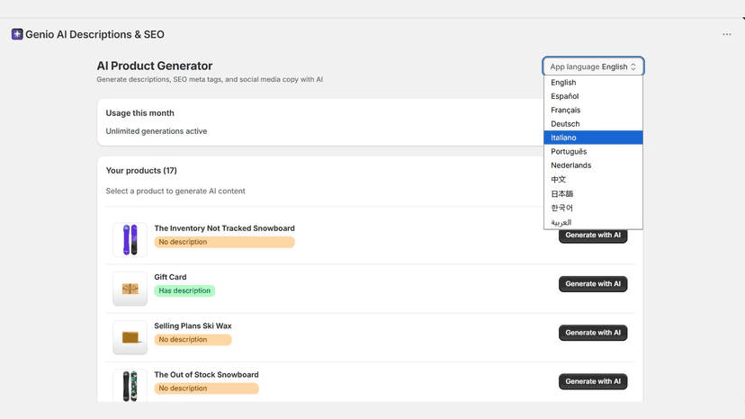 App language selector showing 11 supported languages