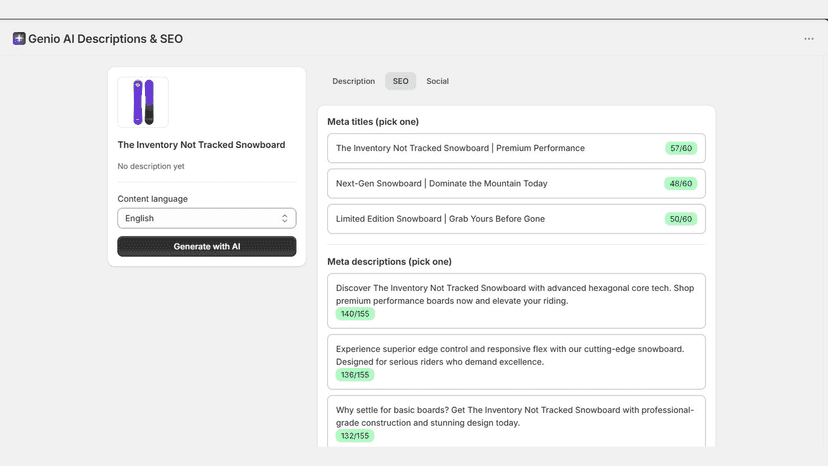SEO meta titles and descriptions with character count indicators