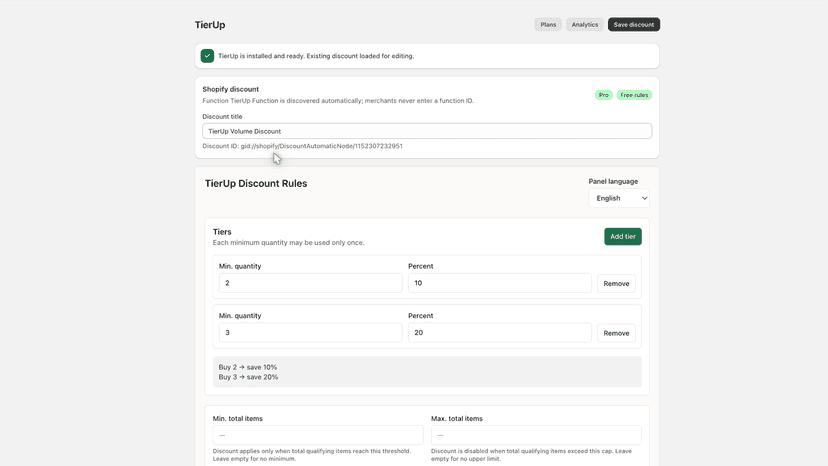 Quantity tier setup in the TierUp admin