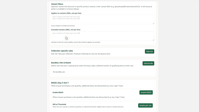 Collection rules, bundles, BOGO and gift settings
