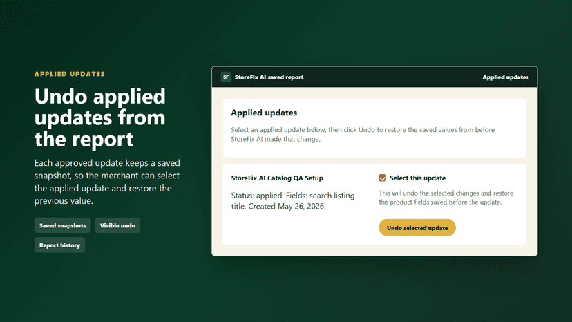 Undo panel for restoring saved product values