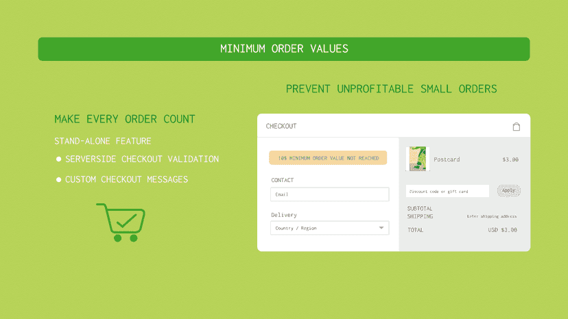 Checkout page showing minimum order value validation message
