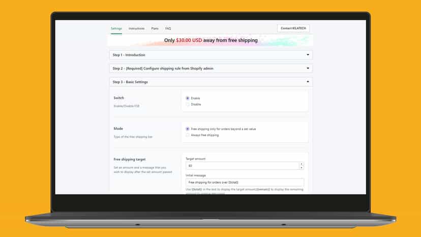 basic settings page free shipping bar ultimate app