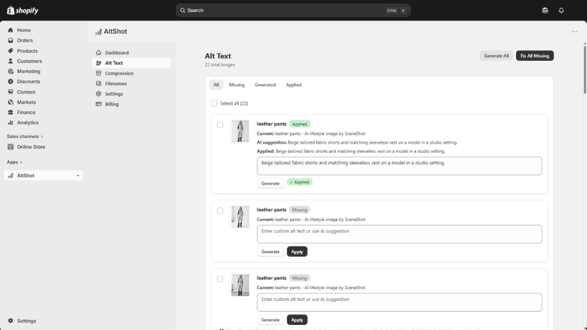 Alt Text page with a few images that have generated alt text vis