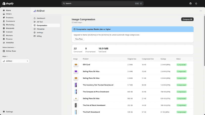 Compression page with file sizes visible (original vs compressed