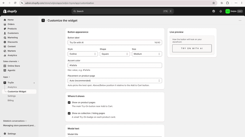 Merchant controls to customize the TryOn widget
