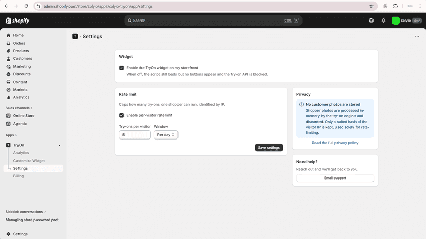 Per-visitor try-on rate-limit settings