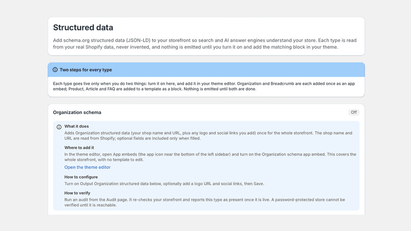 Guided structured data setup with theme deep links