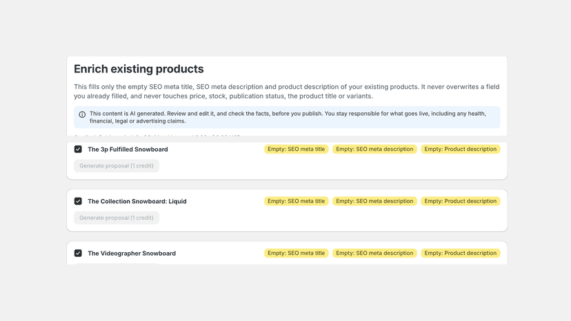 Fill empty SEO fields with AI drafts you approve