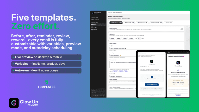 Customize 5 automated email templates with live preview