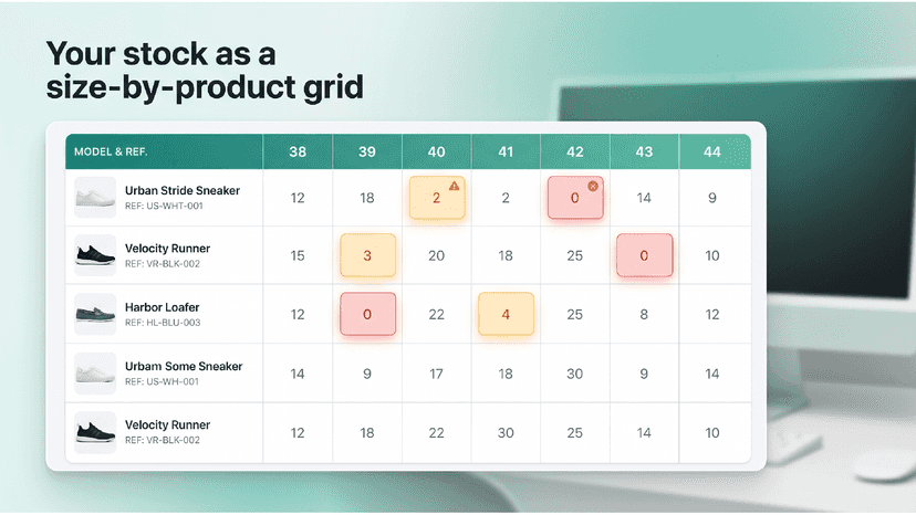 stock as a product-by-size grid