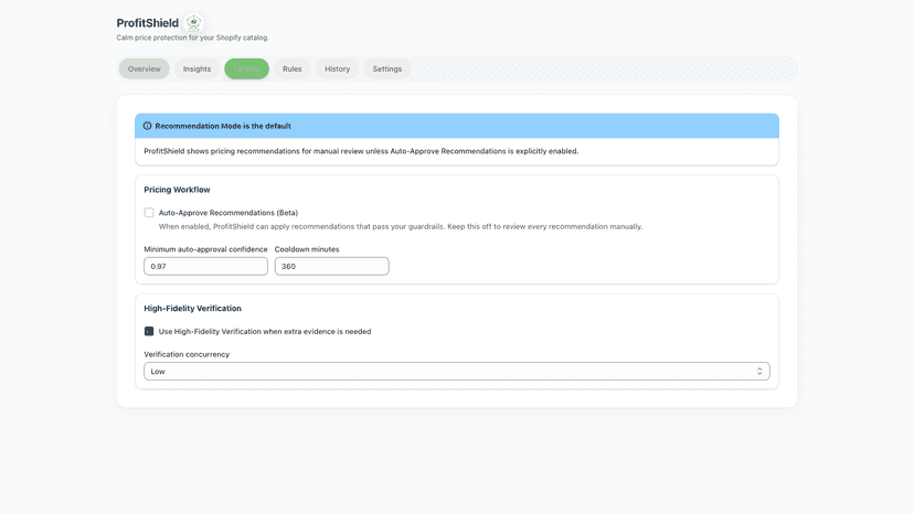 Settings showing manual mode and verification controls