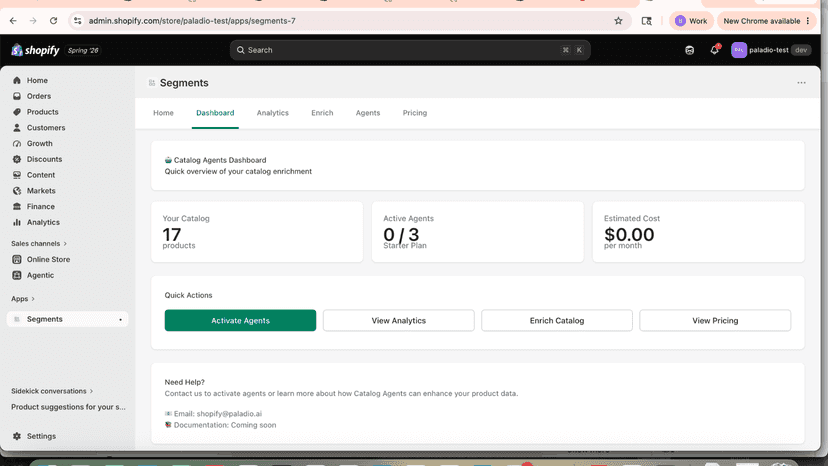 Catalog Agents dashboard showing 17 products on Starter Plan