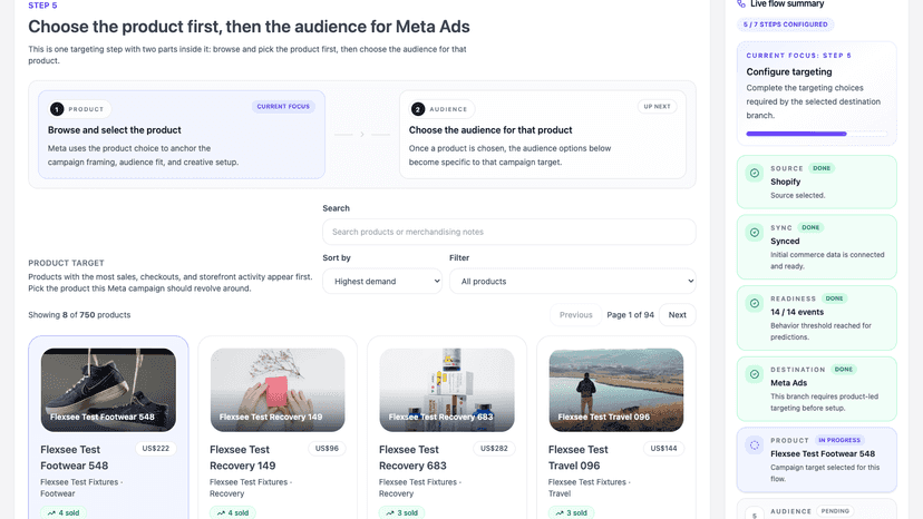 Wizard Flow: pick Klaviyo, Mailchimp, or Meta Ads