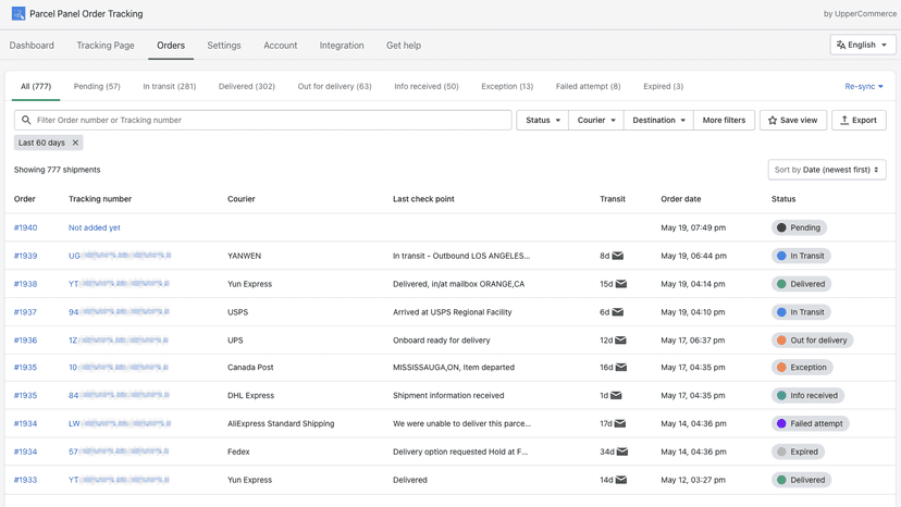 ParcelPanel shipments dashboard