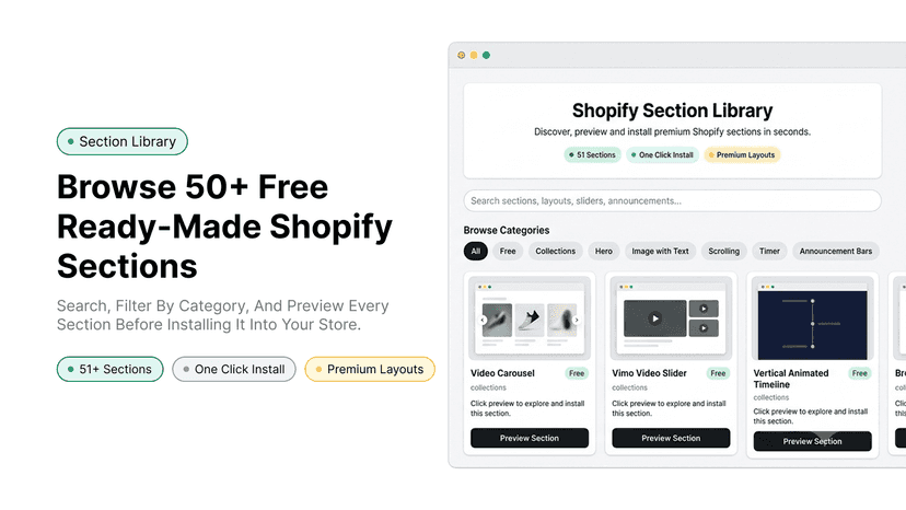 SmartSections page showcasing 50+ free Shopify sections.