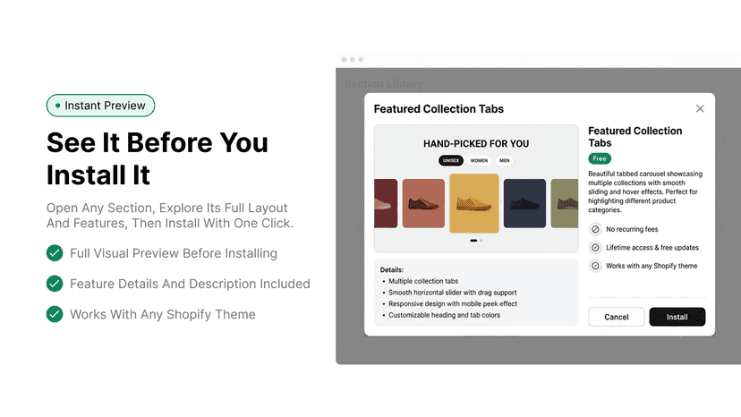 Live preview popup of Featured Collection Tabs in Shopify.