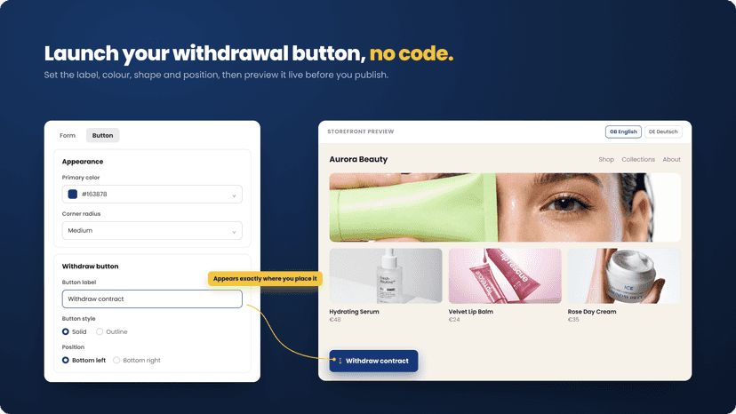 Customize the withdrawal button, form and position, no code