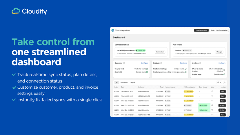 Manage your entire Shopify Xero integration from one place.