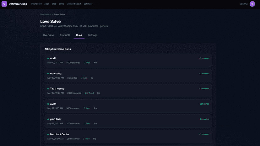 Run history showing completed automated optimizations