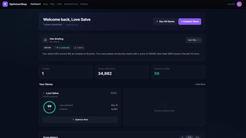 OptimizerShop dashboard showing store SEO score,Otto AI briefing