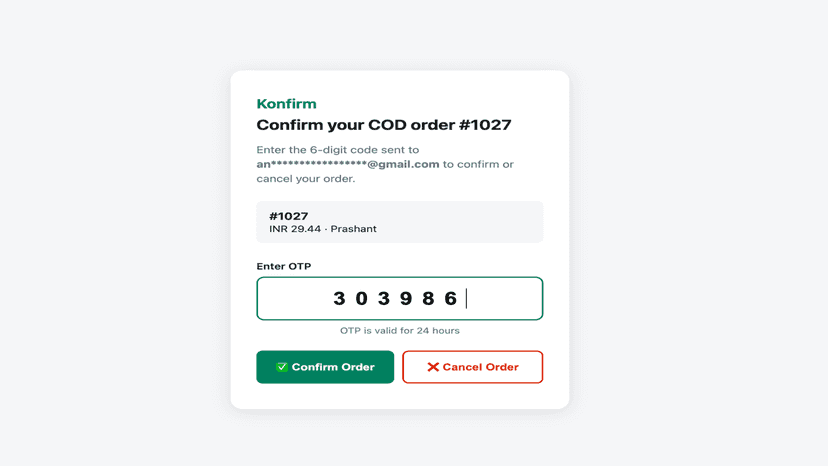 Customer OTP entry page to confirm or cancel a COD order