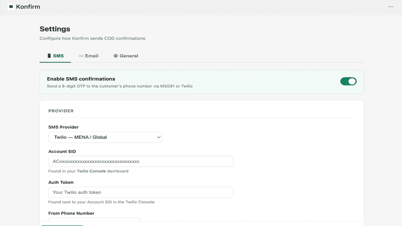 Konfirm settings page for SMS and email OTP configuration