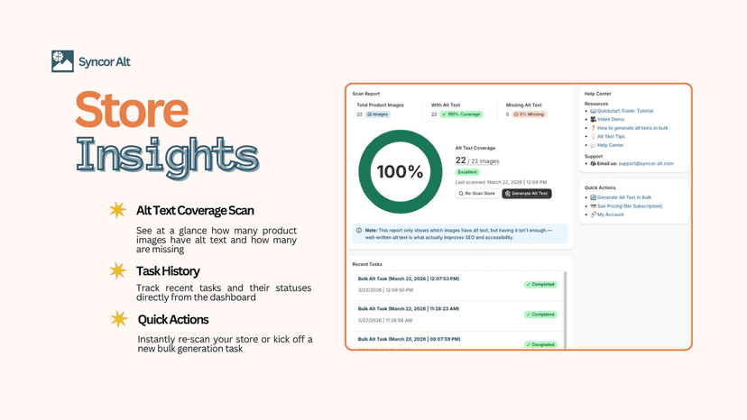 The Dashboard of Syncor Alt showing alt text report of the shop.