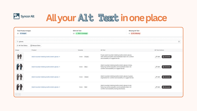 Syncor Alt Images page showing bulk alt text management table