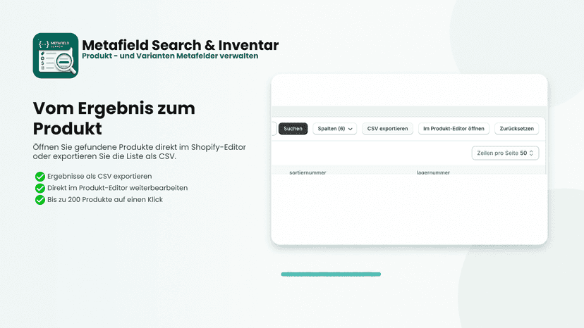 CSV-Export und Links zum Shopify-Produkt-Editor