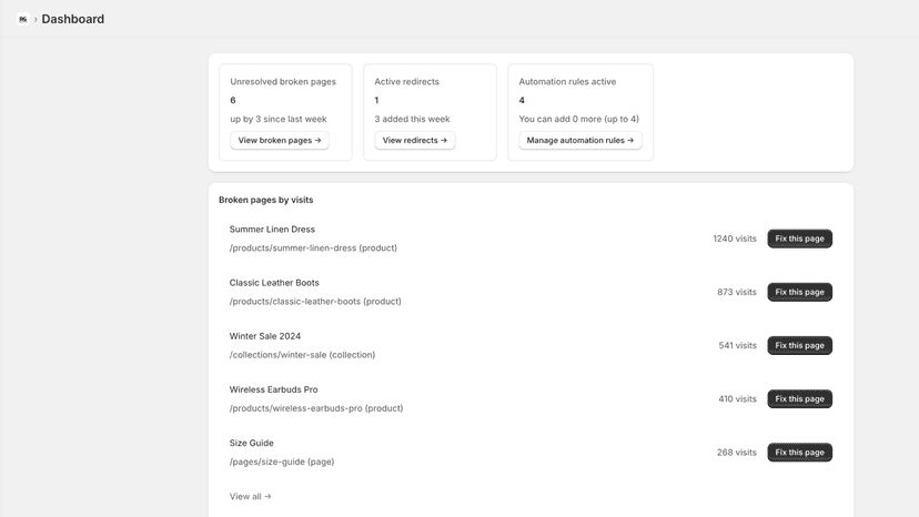 RedirectGuard dashboard with broken pages and redirect stats
