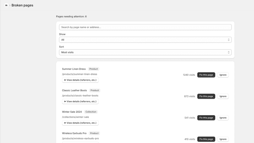 Broken pages sorted by visits with one-click Fix this page