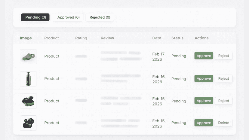 Review moderation tabs with actions