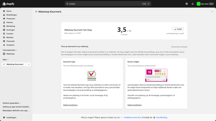 dashboard in shopify omgeving