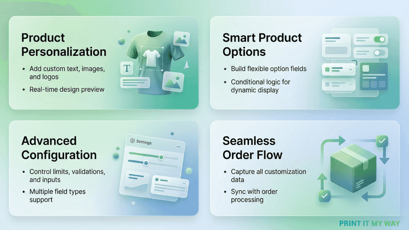 Product options builder with radio buttons and color swatches