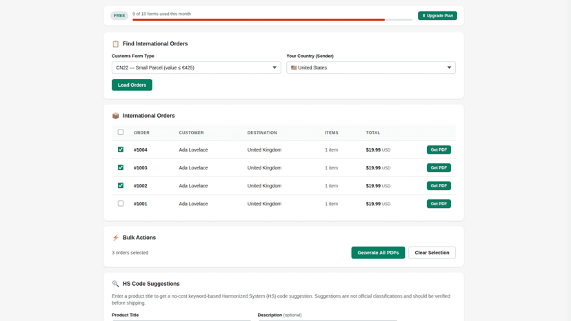Select orders and generate every customs form in one ZIP