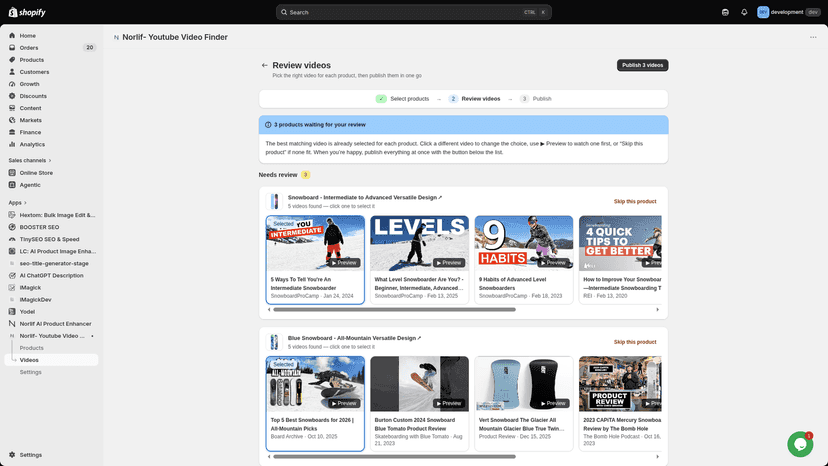 Review videos: pick the best YouTube video for each product