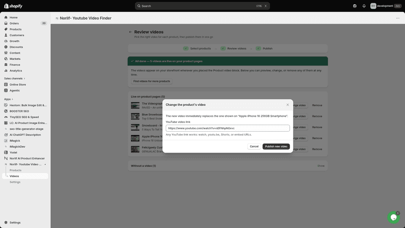 Swap any product's video by pasting a YouTube link