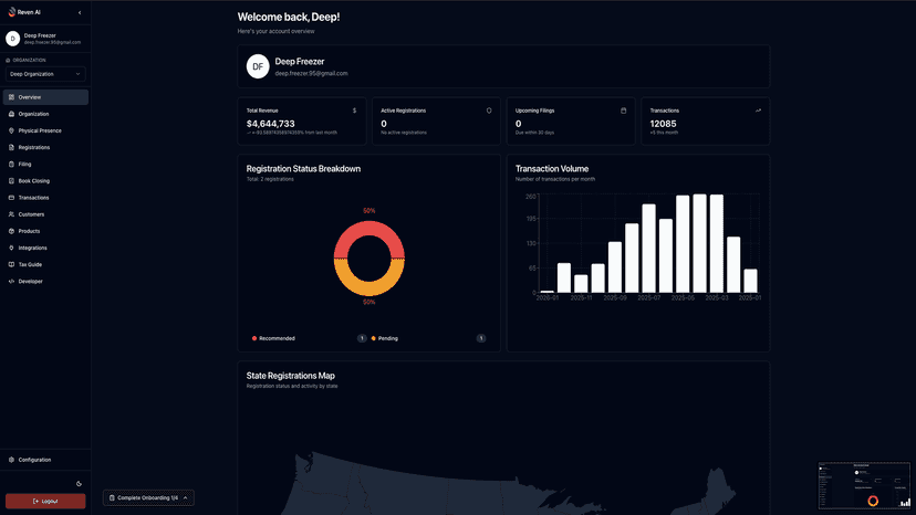 Dashboard showing sales tax, filings, and book closing overview