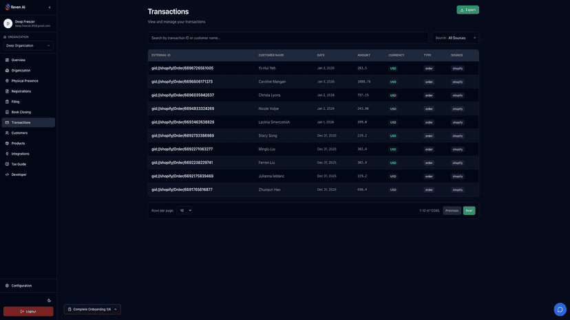 Transactions list showing Shopify orders used for tax processing