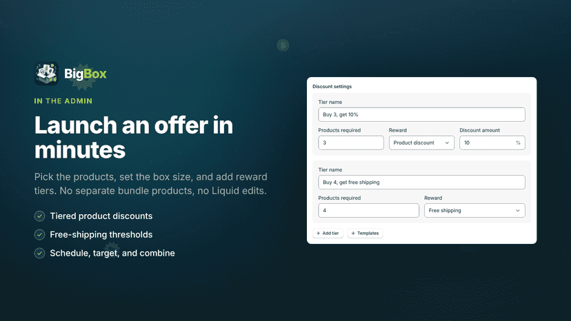 BigBox bundle editor with reward tiers in the Shopify admin