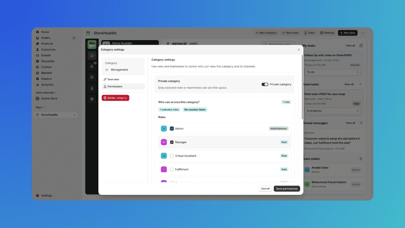 Private channel access controlled by StoreHuddle team roles