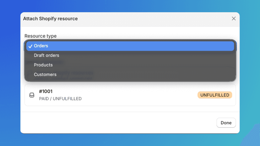 Attach Orders, Draft Orders, Products and Customers in chat.