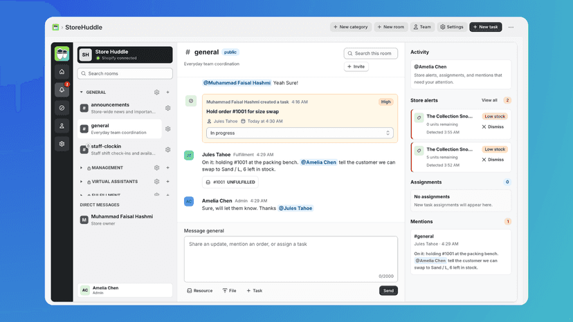 StoreHuddle team chat and Activity dashboard