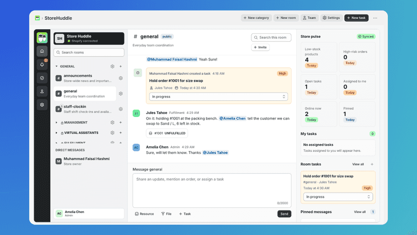 StoreHuddle team workspace with channels, tasks, and Store Pulse